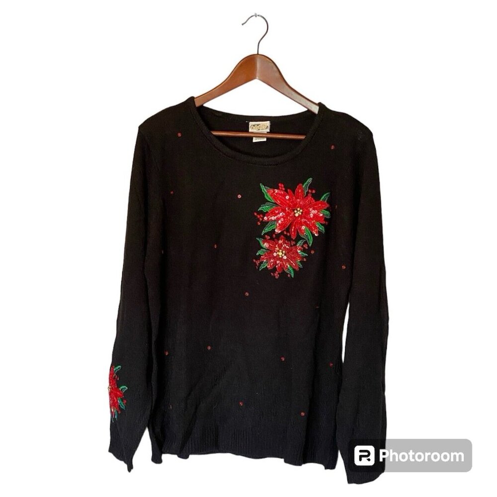 Collections Etc Black Holiday Christmas Ugly Sweater Women's L Floral Poinsettia - Picture 1 of 7